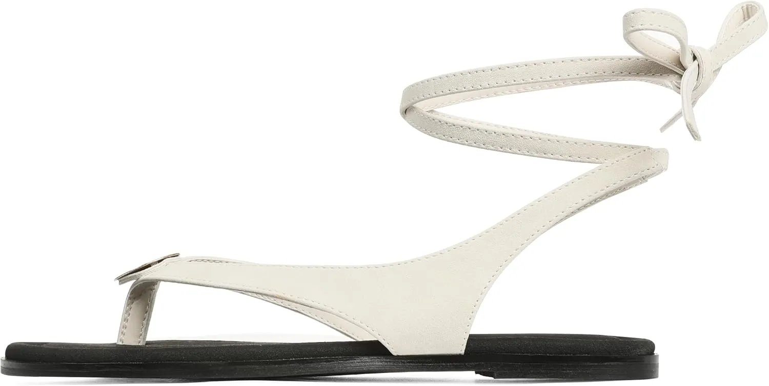 Goiphrri Flat Sandals for Women Dressy Comfortable Soft Lace Up Strappy Sandals Round Toe Thong Sandals for Women Flip Flop Sandals Casual Fashion Cute Summer Beach