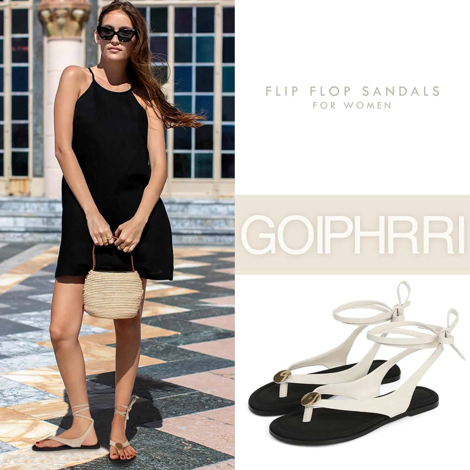 Goiphrri Flat Sandals for Women Dressy Comfortable Soft Lace Up Strappy Sandals Round Toe Thong Sandals for Women Flip Flop Sandals Casual Fashion Cute Summer Beach