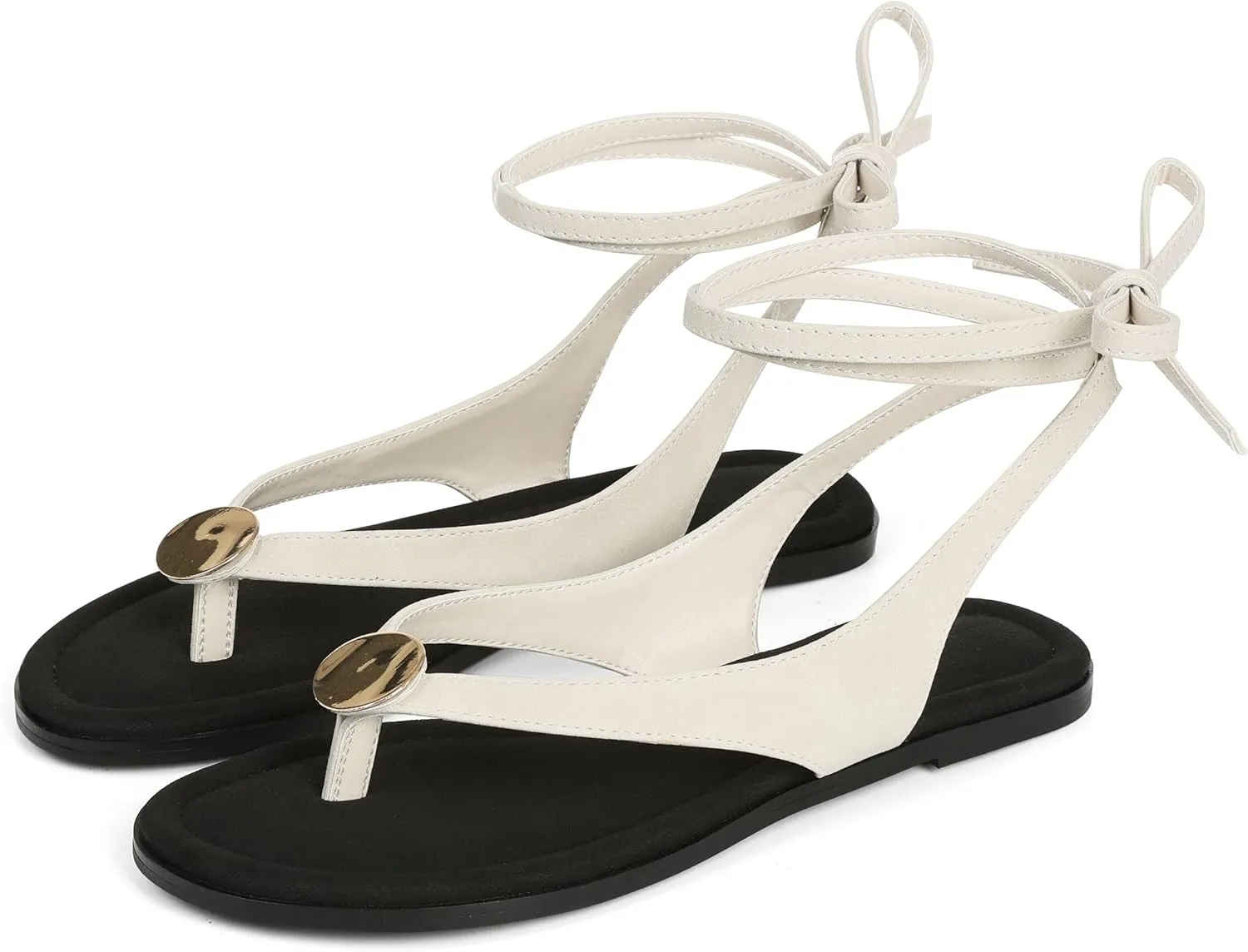 Goiphrri Flat Sandals for Women Dressy Comfortable Soft Lace Up Strappy Sandals Round Toe Thong Sandals for Women Flip Flop Sandals Casual Fashion Cute Summer Beach