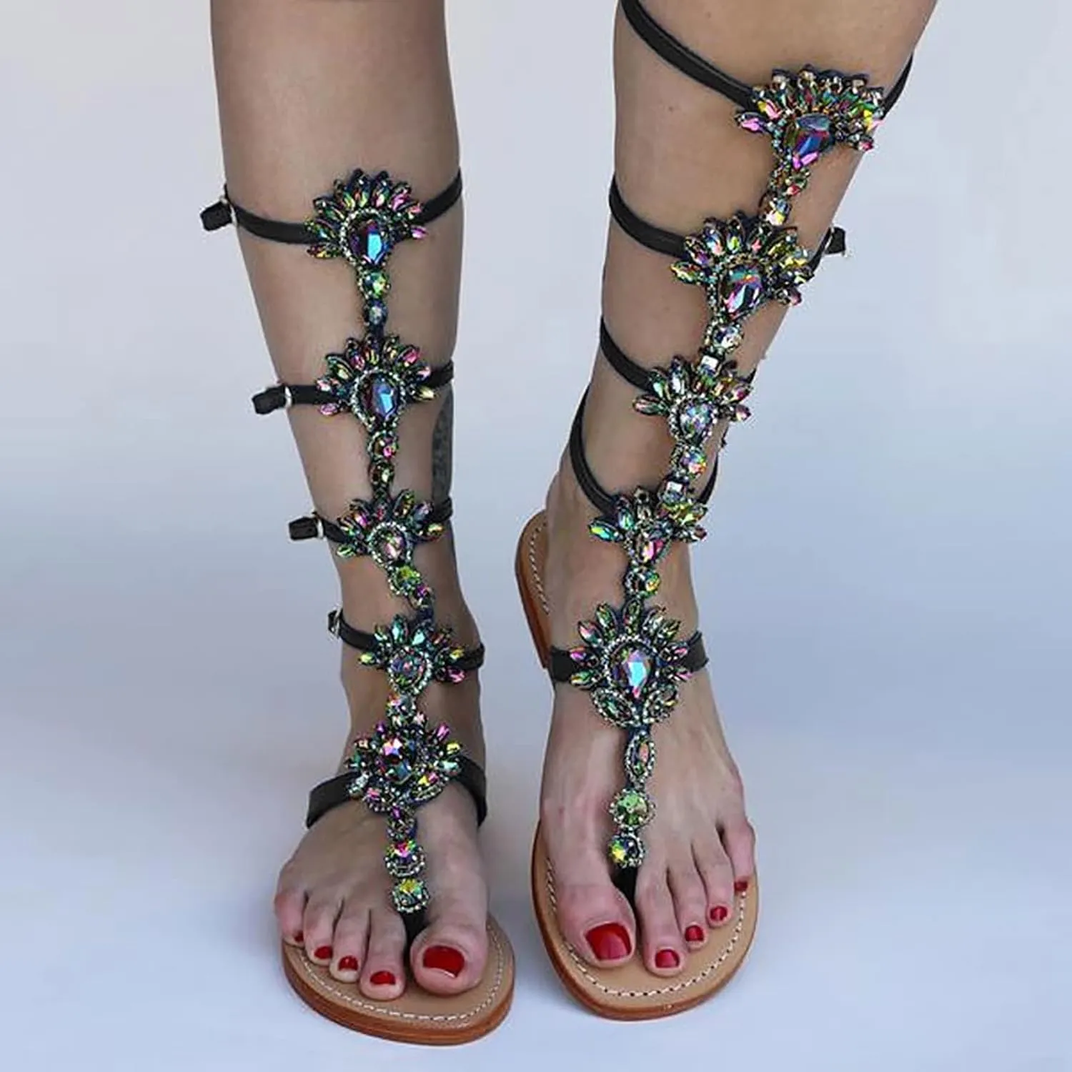 Hbeylia Womens Summer Flat Sandals Fashion Casual Retro Roman Knee Length Rhinestones Buckle Strap Clip Toe Flip Flops Gladiator Low Heels Footed Thong Slides for Travel Beach Wedding