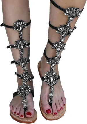 Hbeylia Womens Summer Flat Sandals Fashion Casual Retro Roman Knee Length Rhinestones Buckle Strap Clip Toe Flip Flops Gladiator Low Heels Footed Thong Slides for Travel Beach Wedding