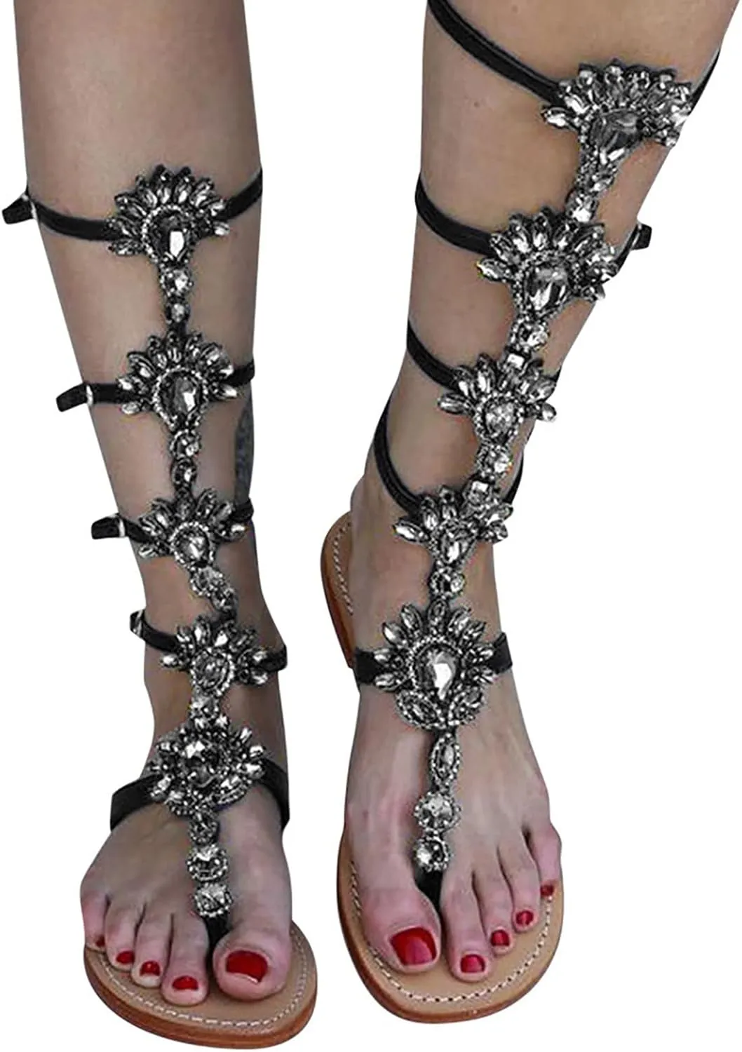 Hbeylia Womens Summer Flat Sandals Fashion Casual Retro Roman Knee Length Rhinestones Buckle Strap Clip Toe Flip Flops Gladiator Low Heels Footed Thong Slides for Travel Beach Wedding