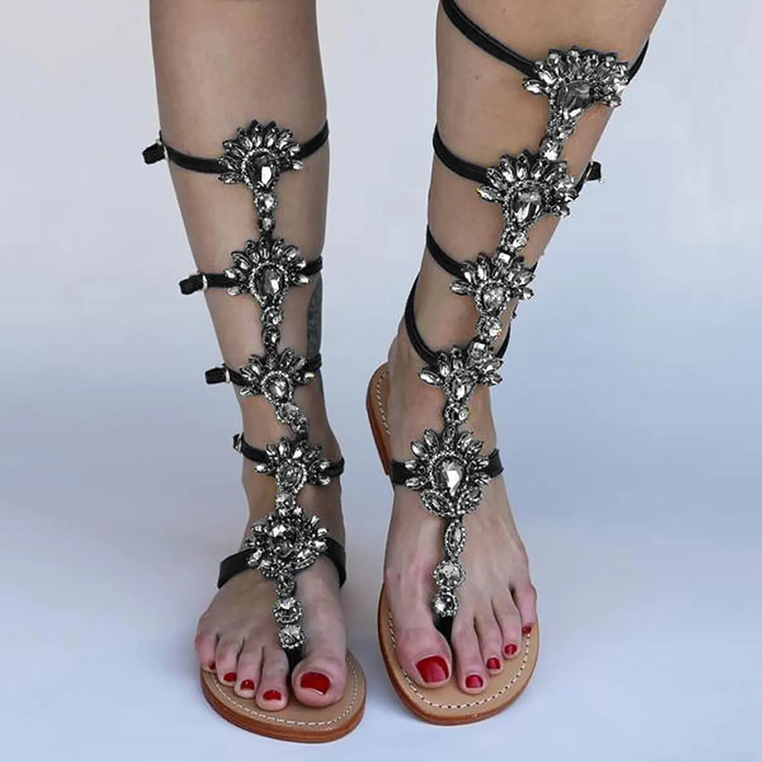 Hbeylia Womens Summer Flat Sandals Fashion Casual Retro Roman Knee Length Rhinestones Buckle Strap Clip Toe Flip Flops Gladiator Low Heels Footed Thong Slides for Travel Beach Wedding
