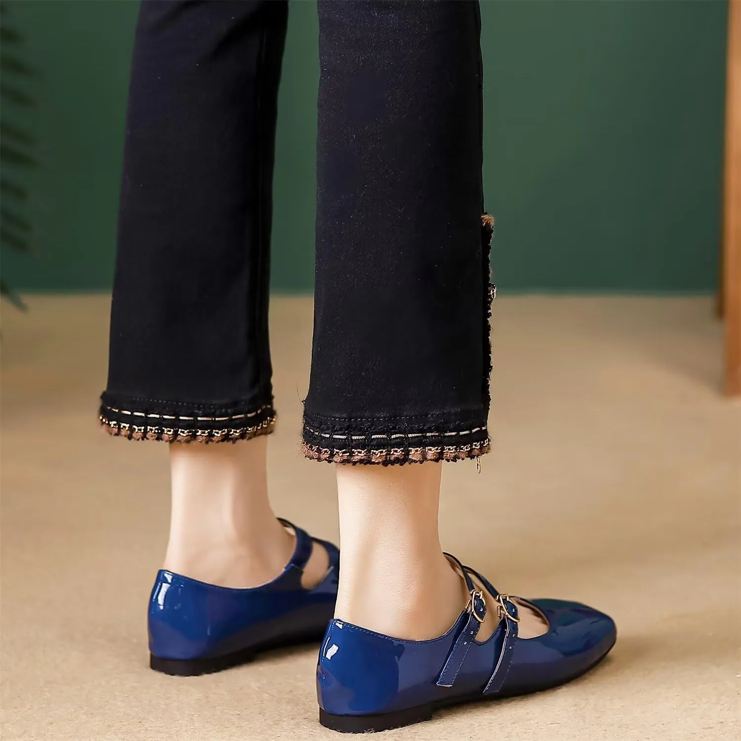 Hee grand Mary Jane Flats for Women Patent Leather Dress Shoes Square Toe Adjustable Buckle Strap Ballet Flats