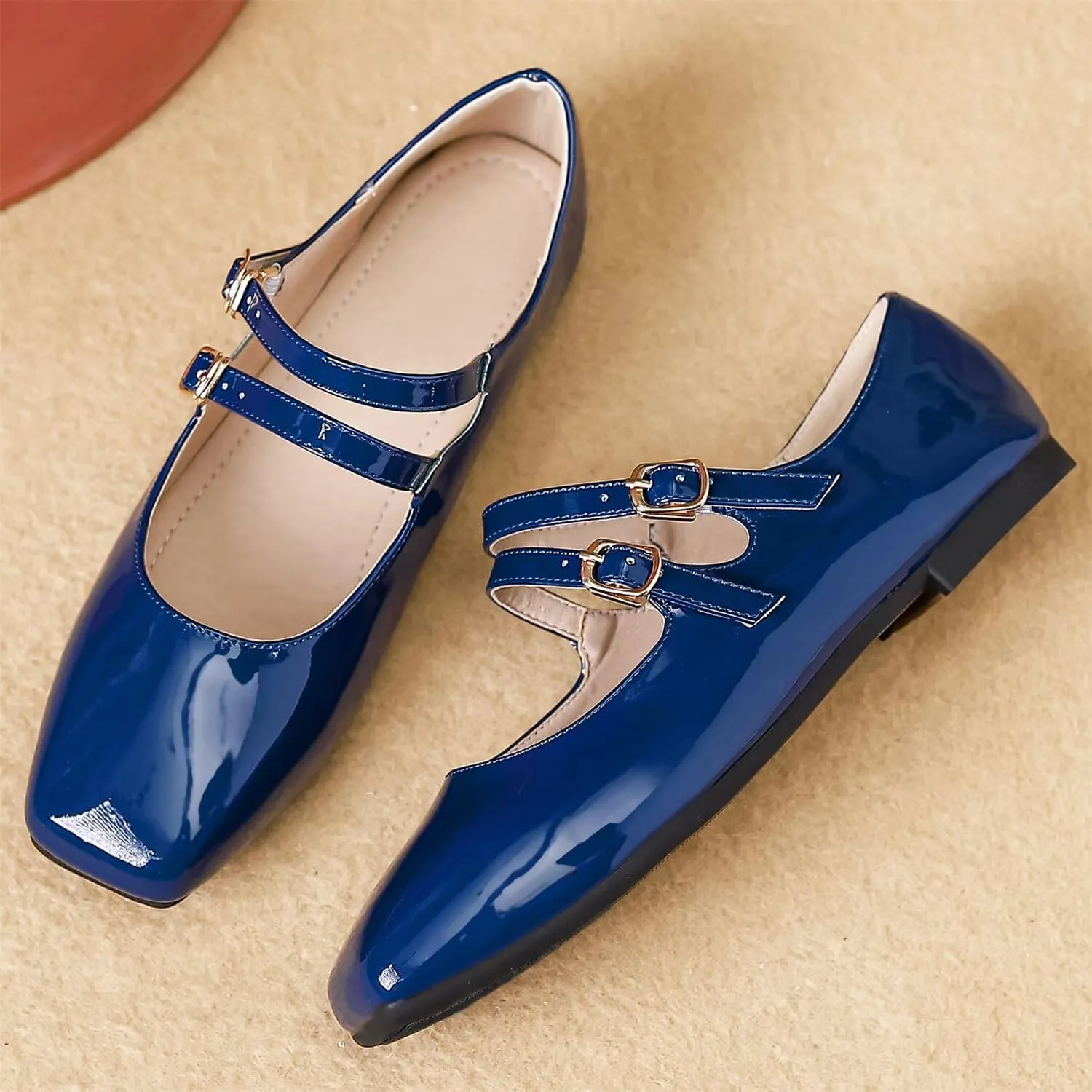 Hee grand Mary Jane Flats for Women Patent Leather Dress Shoes Square Toe Adjustable Buckle Strap Ballet Flats