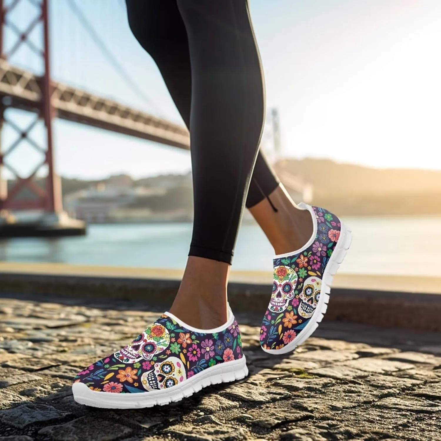 Jeiento Gothic Skull Slip On Shoes for Women Cozy Walking Shoes Fashion Travel Shoes