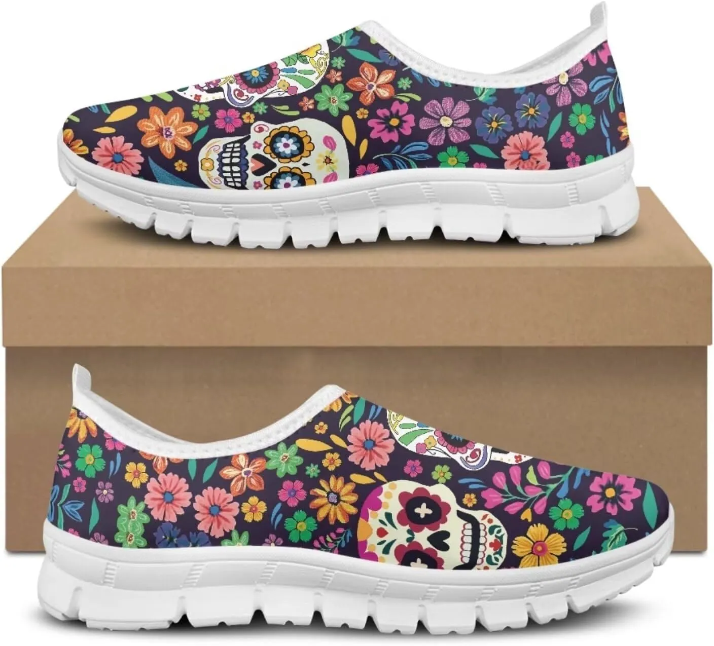 Jeiento Gothic Skull Slip On Shoes for Women Cozy Walking Shoes Fashion Travel Shoes