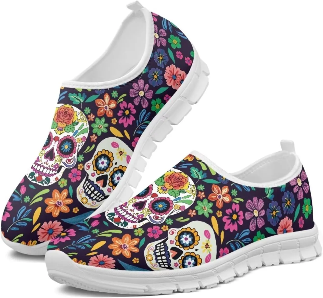Jeiento Gothic Skull Slip On Shoes for Women Cozy Walking Shoes Fashion Travel Shoes