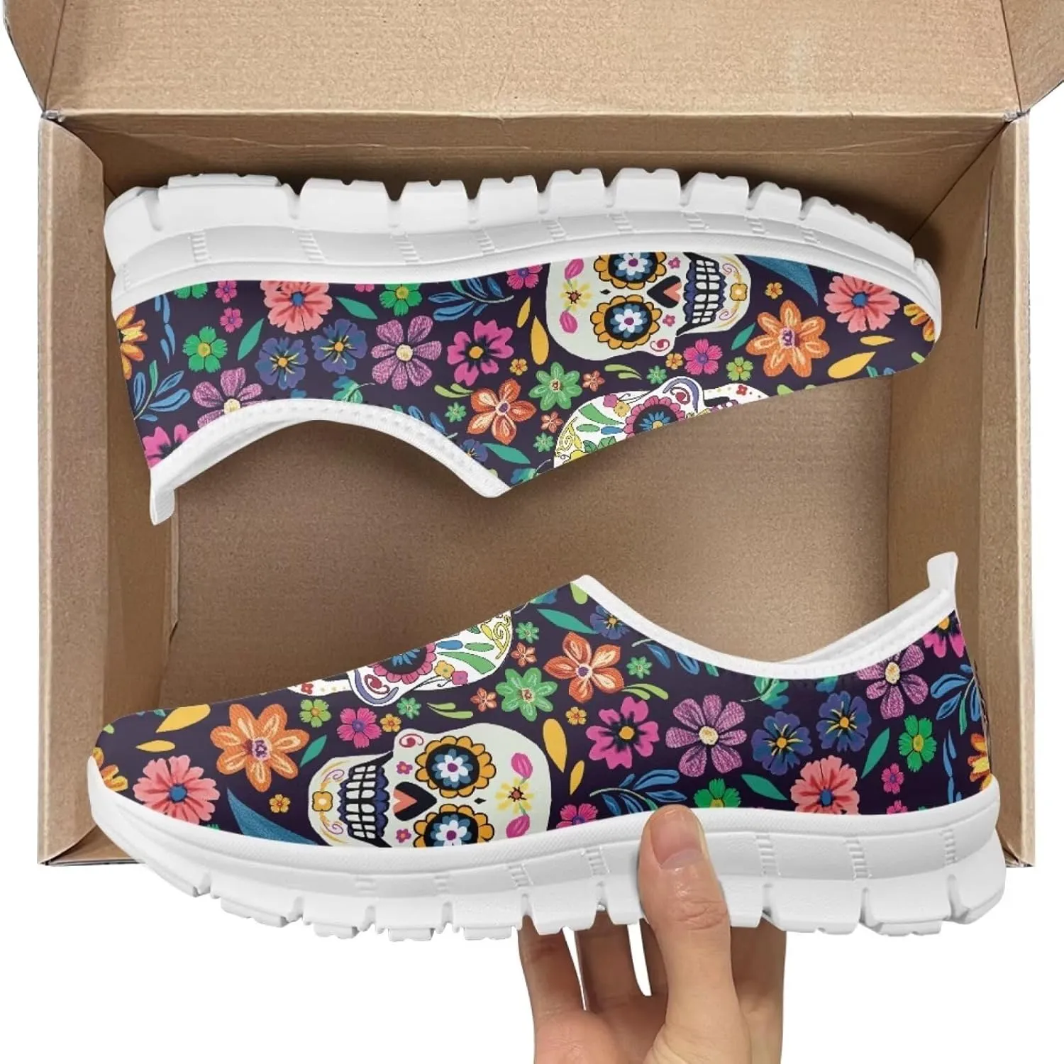 Jeiento Gothic Skull Slip On Shoes for Women Cozy Walking Shoes Fashion Travel Shoes