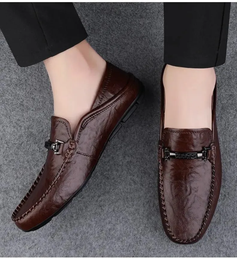 JIADELI Loafers for Men Vegan Leather Solid Color Apron Toe Penny Loafers Flexible Flat Heel Anti-Slip Wedding Walking Slip-ons
