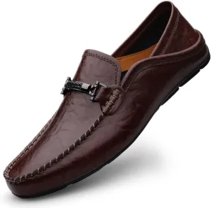 JIADELI Loafers for Men Vegan Leather Solid Color Apron Toe Penny Loafers Flexible Flat Heel Anti-Slip Wedding Walking Slip-ons