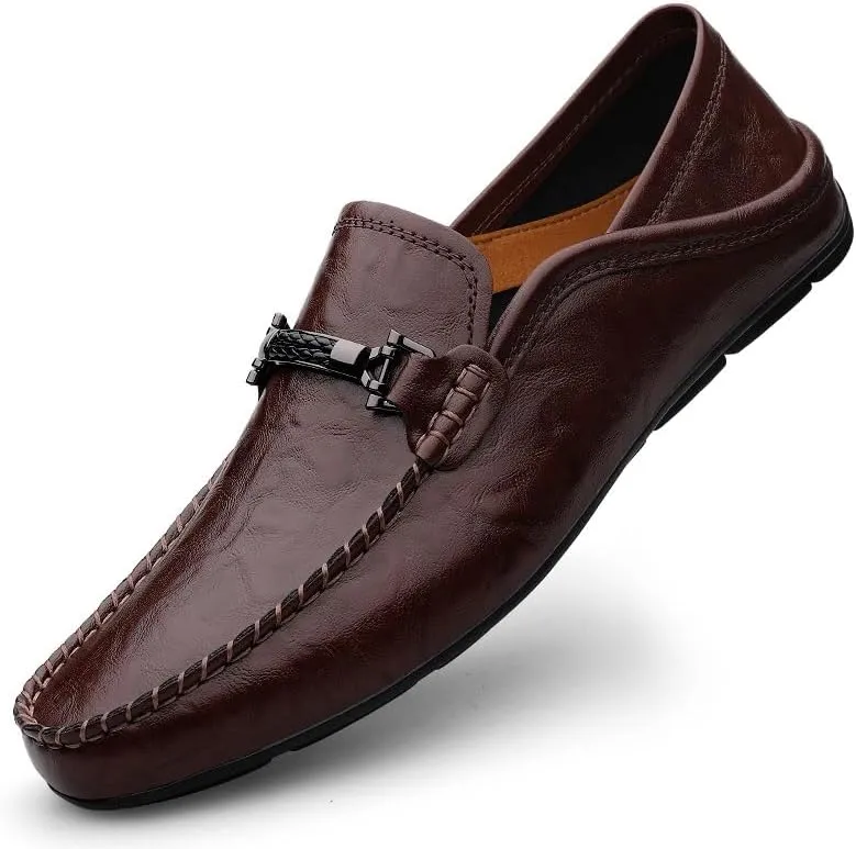 JIADELI Loafers for Men Vegan Leather Solid Color Apron Toe Penny Loafers Flexible Flat Heel Anti-Slip Wedding Walking Slip-ons