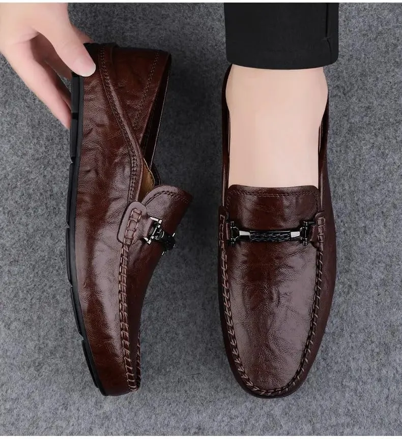JIADELI Loafers for Men Vegan Leather Solid Color Apron Toe Penny Loafers Flexible Flat Heel Anti-Slip Wedding Walking Slip-ons