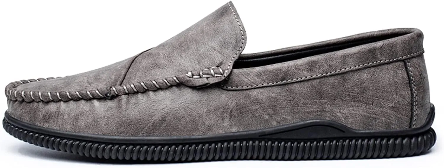 JIADELI Mens Loafers Vegan Leather Stitching Details Round Toe Comfortable Flat Heel Flexible Prom Casual Slip On