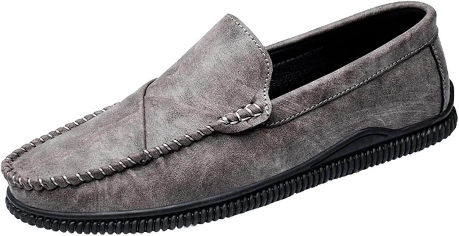 JIADELI Mens Loafers Vegan Leather Stitching Details Round Toe Comfortable Flat Heel Flexible Prom Casual Slip On
