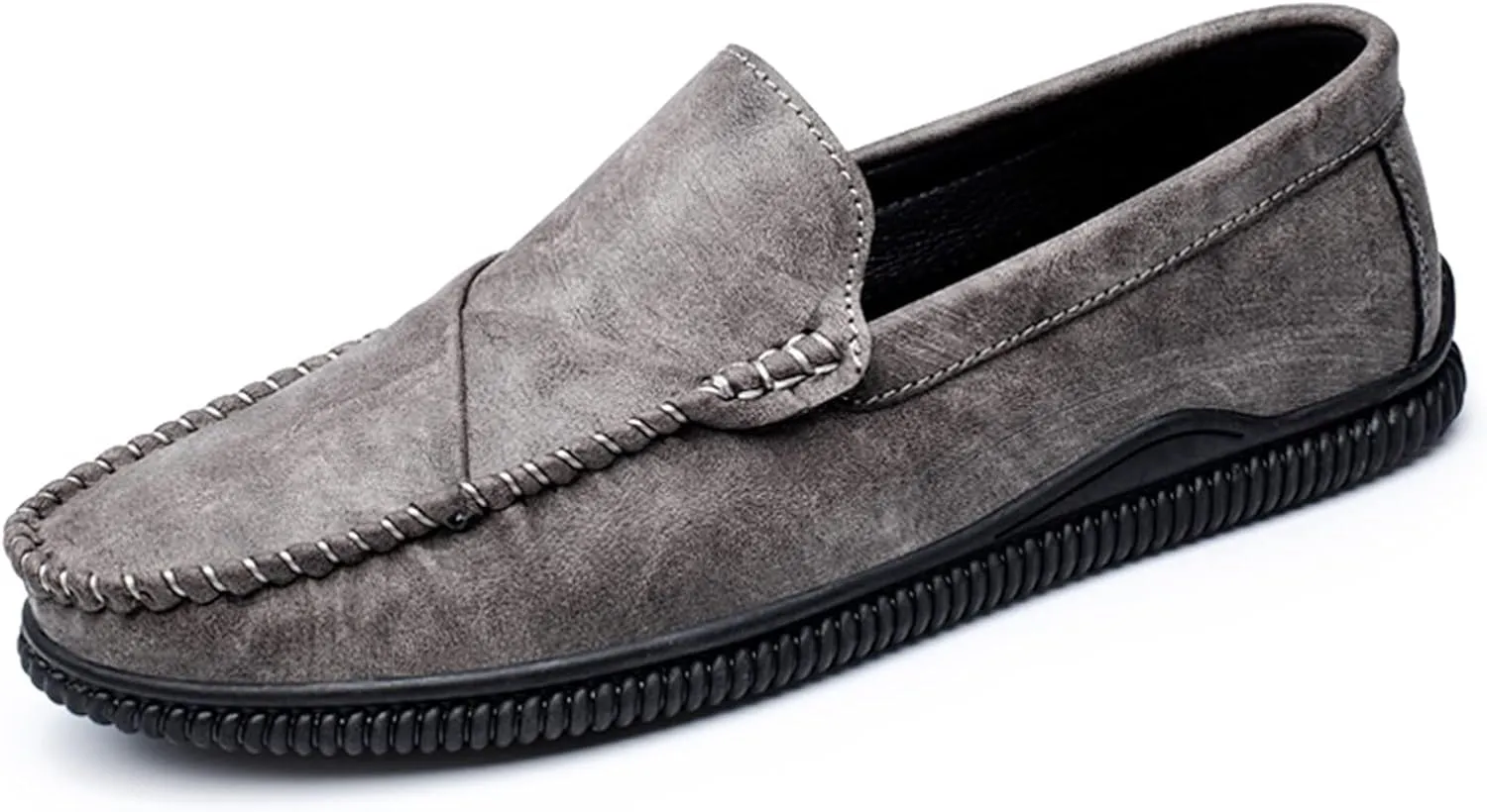JIADELI Mens Loafers Vegan Leather Stitching Details Round Toe Comfortable Flat Heel Flexible Prom Casual Slip On