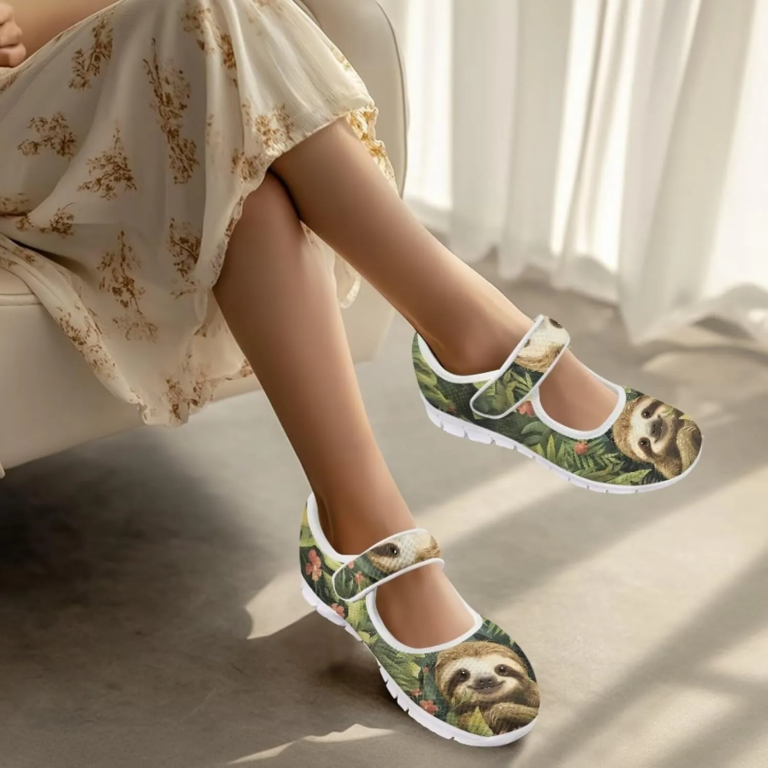 JoyLamoria Sloth Travel Mary Jane Low Top Party Sneakers Womens Adjustable Walking Shoes Indoor Outdoor Home Slippers