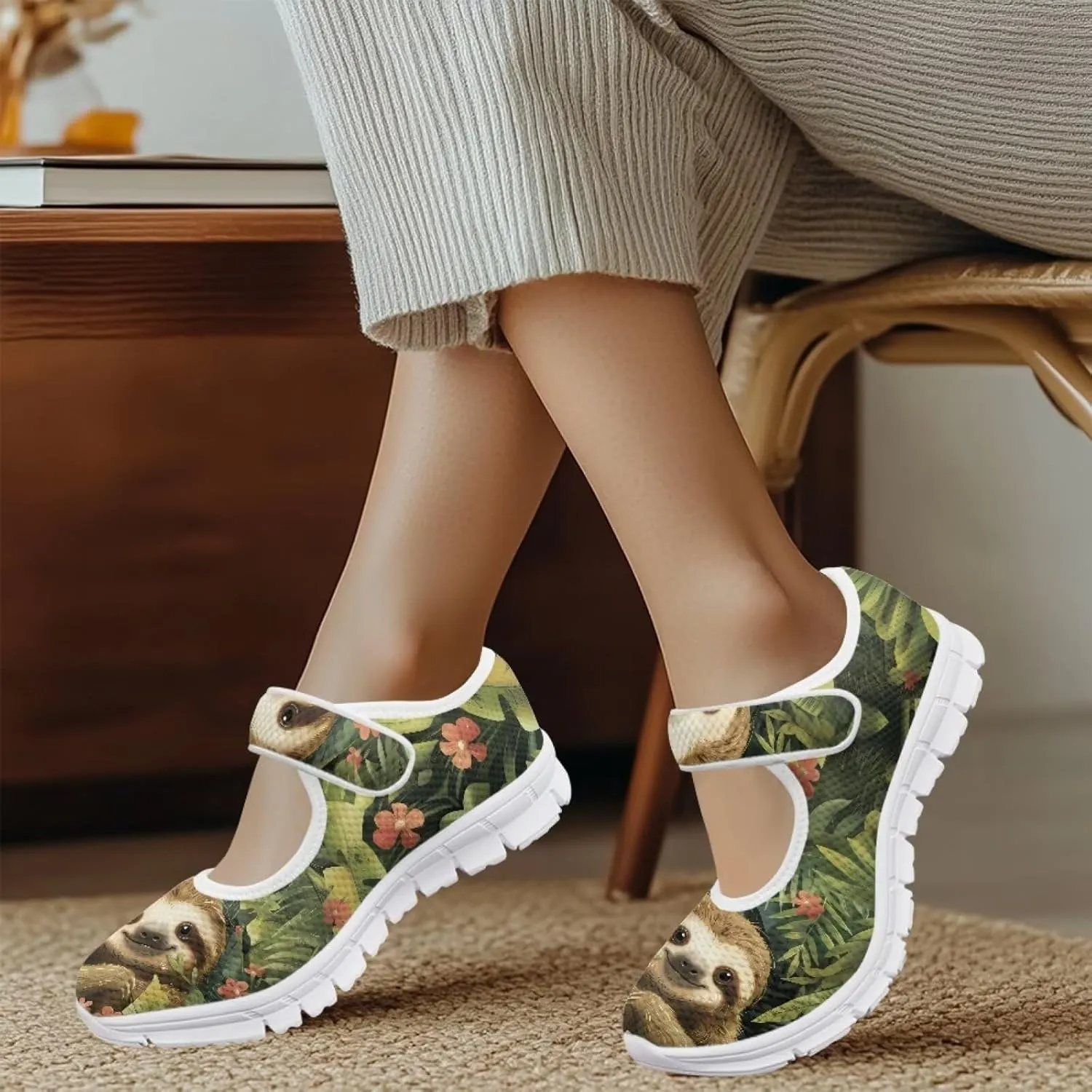 JoyLamoria Sloth Travel Mary Jane Low Top Party Sneakers Womens Adjustable Walking Shoes Indoor Outdoor Home Slippers