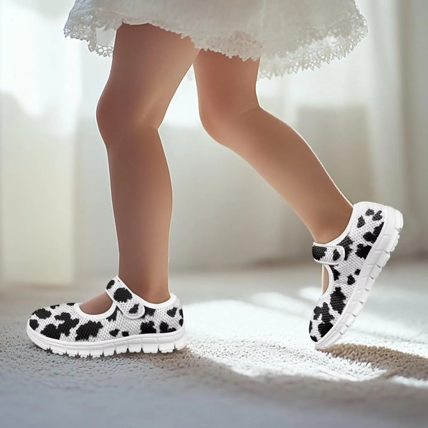 JoyLamoria White Cow Print Toddler Girls Mary Jane Shoes Girls Cute Ballet Dress Shoes School Uniform Flats Sneakers for Kids