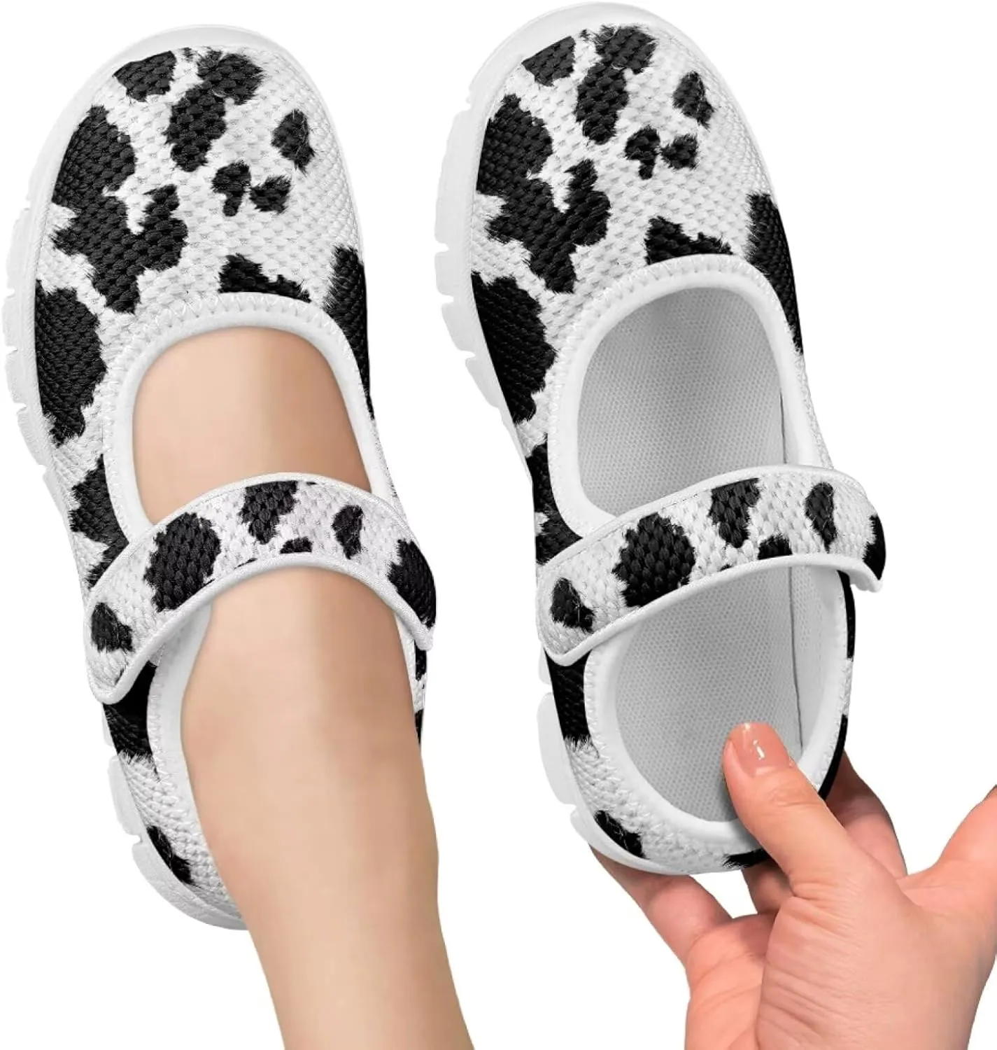 JoyLamoria White Cow Print Toddler Girls Mary Jane Shoes Girls Cute Ballet Dress Shoes School Uniform Flats Sneakers for Kids
