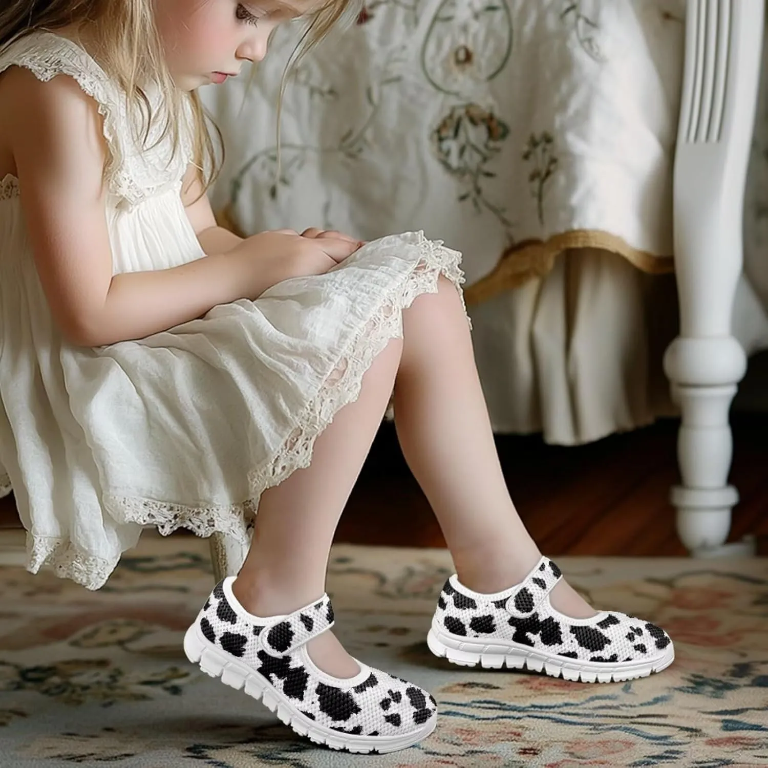 JoyLamoria White Cow Print Toddler Girls Mary Jane Shoes Girls Cute Ballet Dress Shoes School Uniform Flats Sneakers for Kids