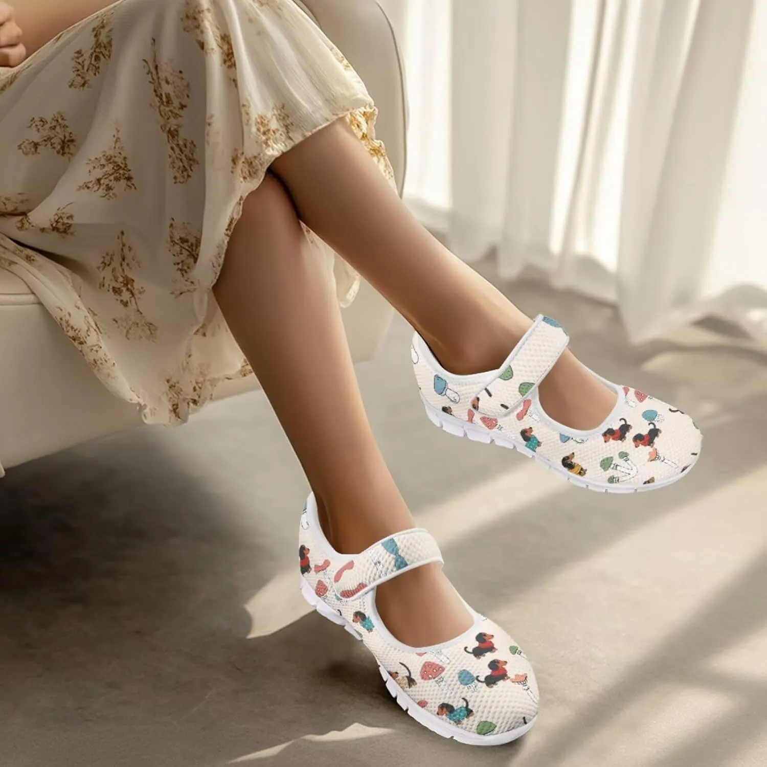 JoyLamoria Womens Comfort Flats Cute Mary Jane Shoes Colorful Dachshund Printed Walking Shoes Ultra Light Wide Fashion Sneakers