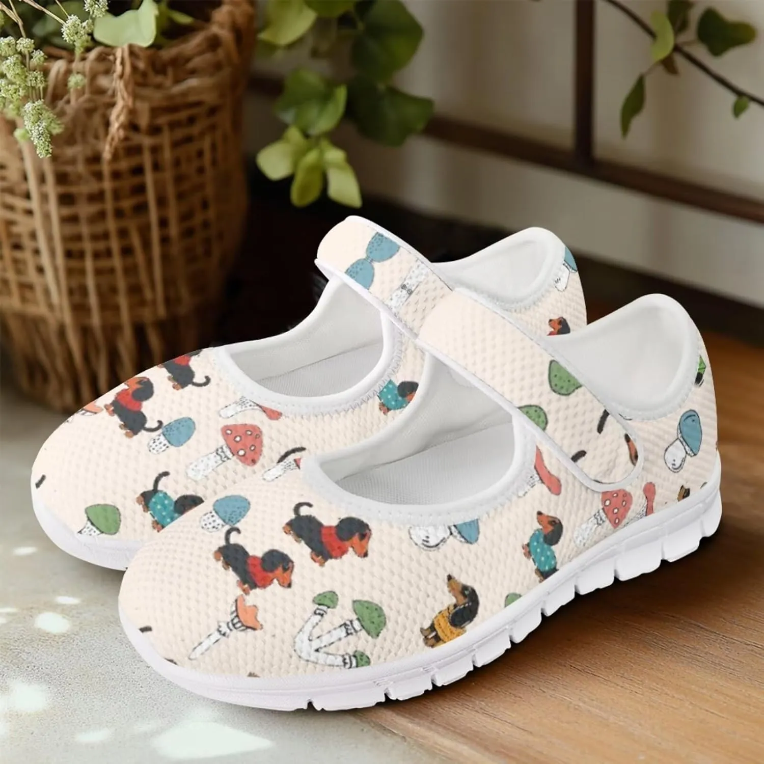 JoyLamoria Womens Comfort Flats Cute Mary Jane Shoes Colorful Dachshund Printed Walking Shoes Ultra Light Wide Fashion Sneakers
