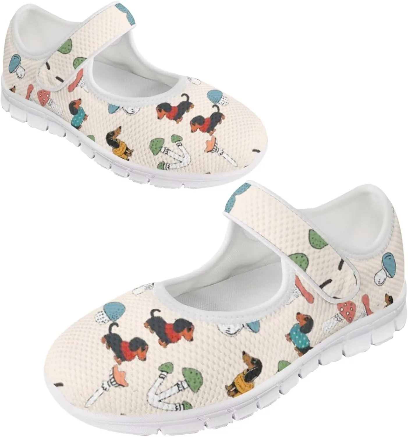 JoyLamoria Womens Comfort Flats Cute Mary Jane Shoes Colorful Dachshund Printed Walking Shoes Ultra Light Wide Fashion Sneakers