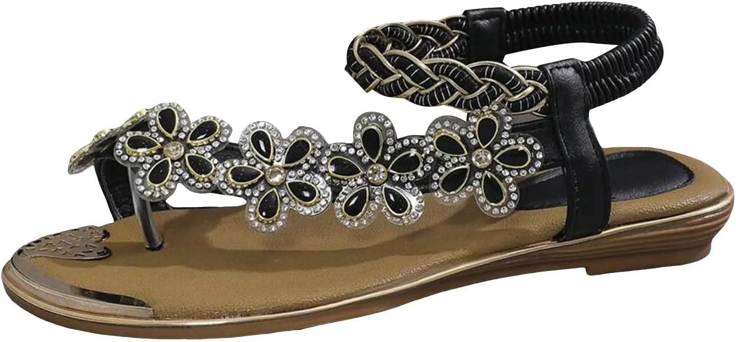 Ladies Flat Sandals Summer Beach Boho Flower Water Shoes For Women With Non Slip Comfy Strappy Sandals