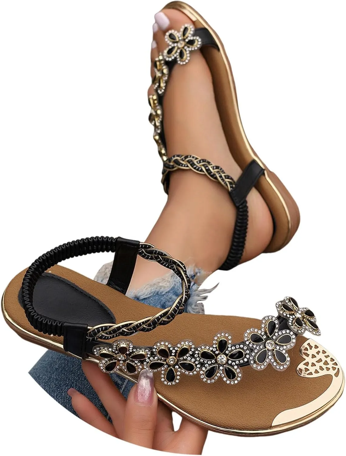 Ladies Flat Sandals Summer Beach Boho Flower Water Shoes For Women With Non Slip Comfy Strappy Sandals