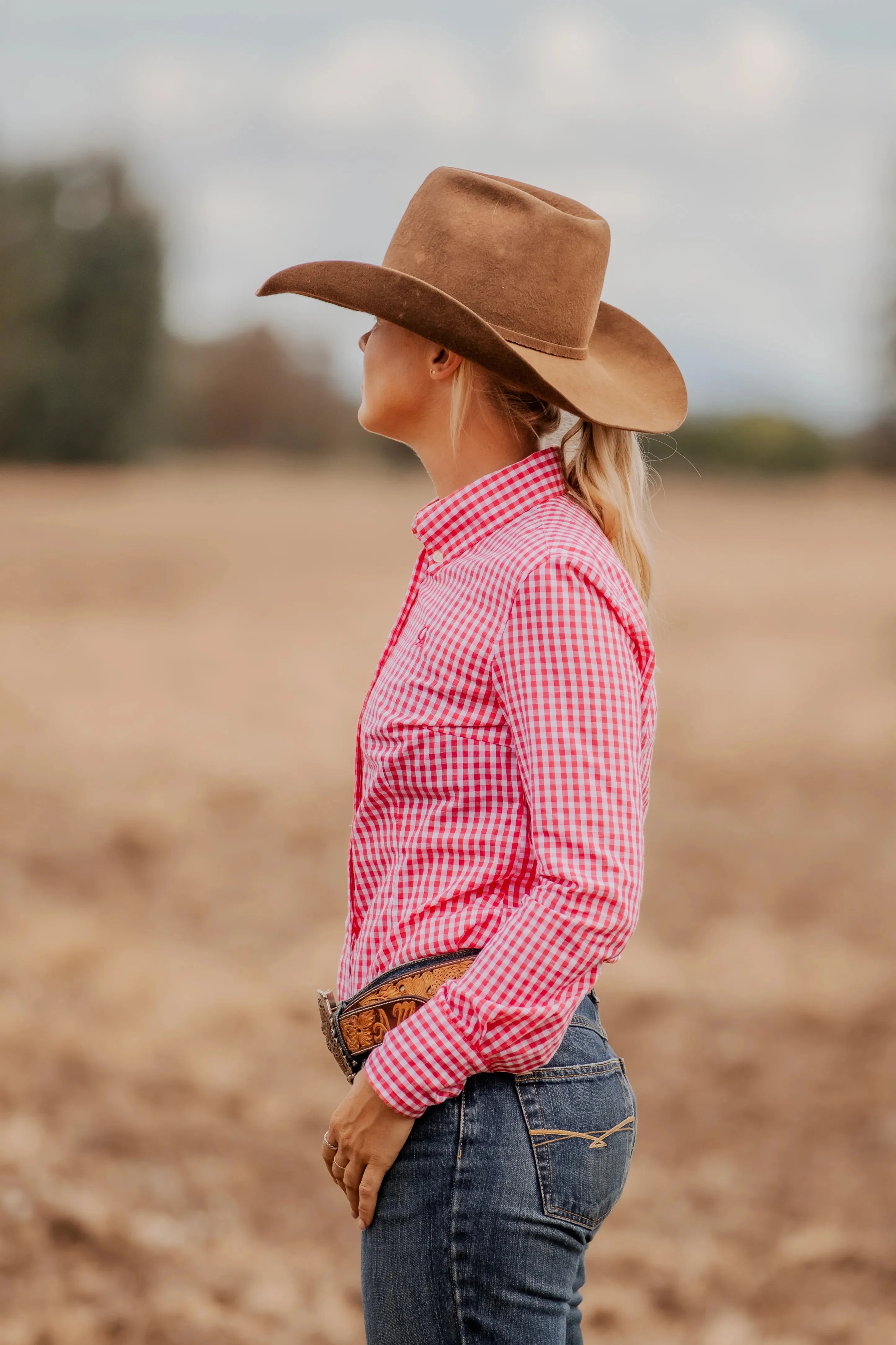 Ladies Slim Fit Long Sleeve Shirt Cherry Check