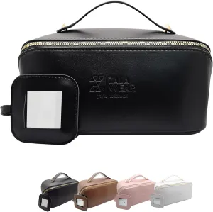Large Capacity Travel Lay Flat Makeup Bag with Mirror  Faux Leather Make Up Traveling Organizer Bag Case for Women  Multifunctional Waterproof Cosmetic Toiletry Skincare Bag (Black)