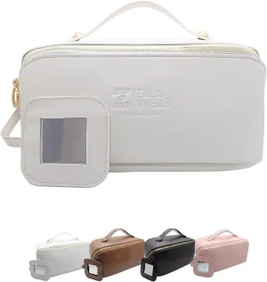 Large Capacity Travel Lay Flat Makeup Bag with Mirror  Faux Leather Make Up Traveling Organizer Bag Case for Women  Multifunctional Waterproof Cosmetic Toiletry Skincare Bag (White)