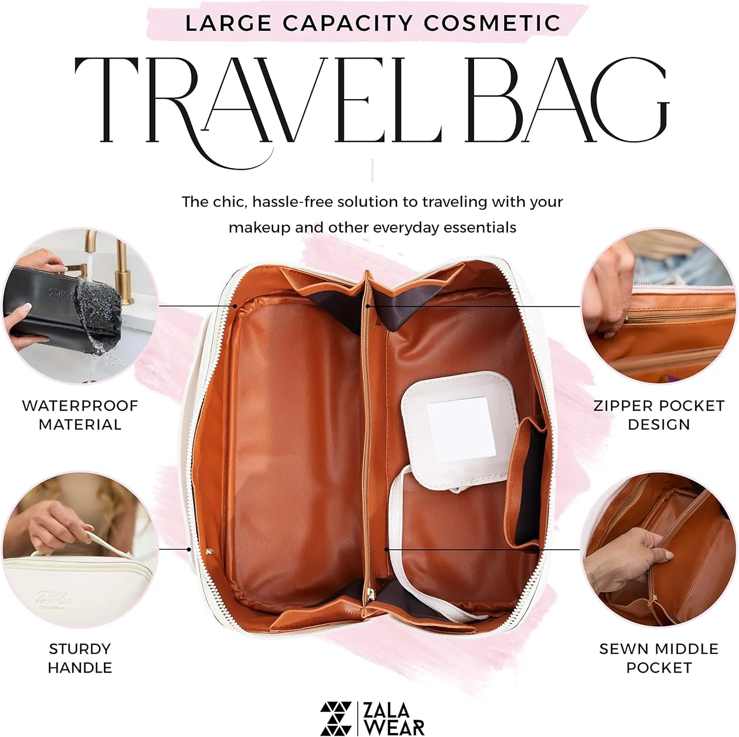 Large Capacity Travel Lay Flat Makeup Bag with Mirror  Faux Leather Make Up Traveling Organizer Bag Case for Women  Multifunctional Waterproof Cosmetic Toiletry Skincare Bag (White)