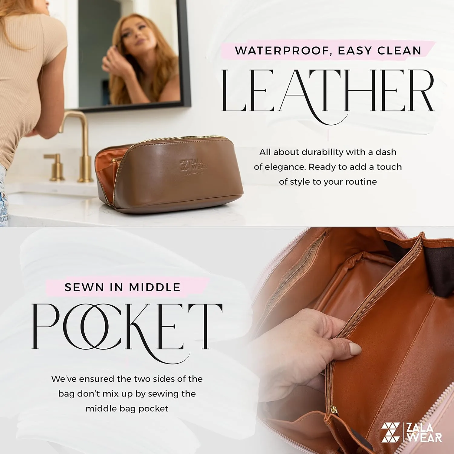 Large Capacity Travel Lay Flat Makeup Bag with Mirror  Faux Leather Make Up Traveling Organizer Bag Case for Women  Multifunctional Waterproof Cosmetic Toiletry Skincare Bag (White)