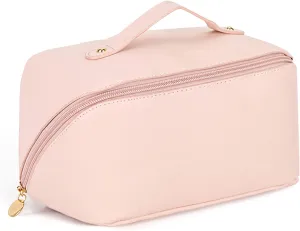 LASPERAL Travel Makeup Bag Large Capacity Cosmetic Organizer Leather Waterproof Portable Compact Opens Flat Skincare Storage Pouch with Handle and Dividers for Women Girls Makeup Brushes
