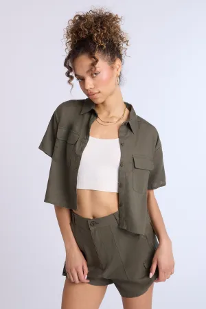 Linen-Blend Cropped Short Sleeve Button-Up Shirt