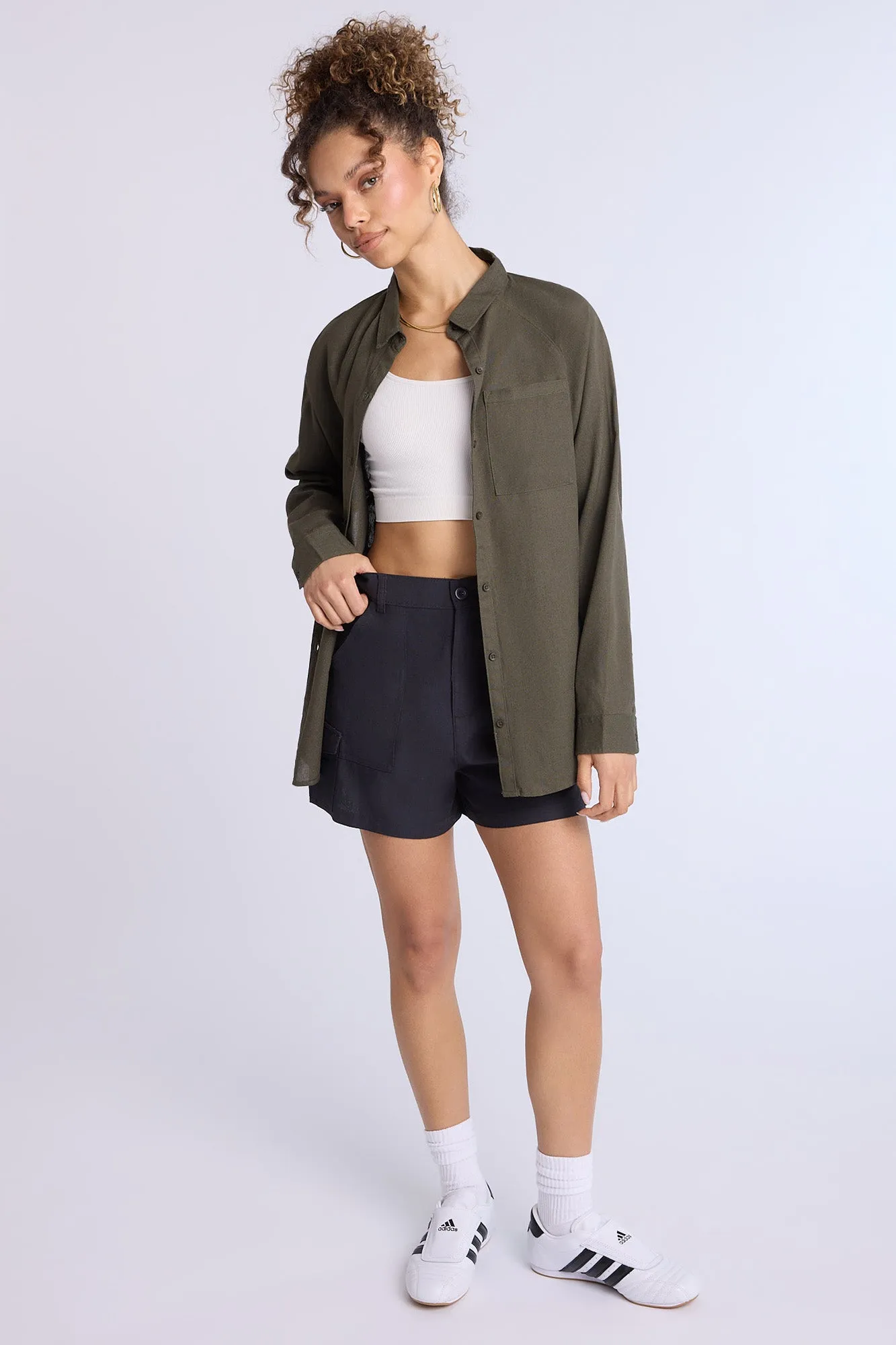 Linen-Blend Oversized Button-Up Shirt