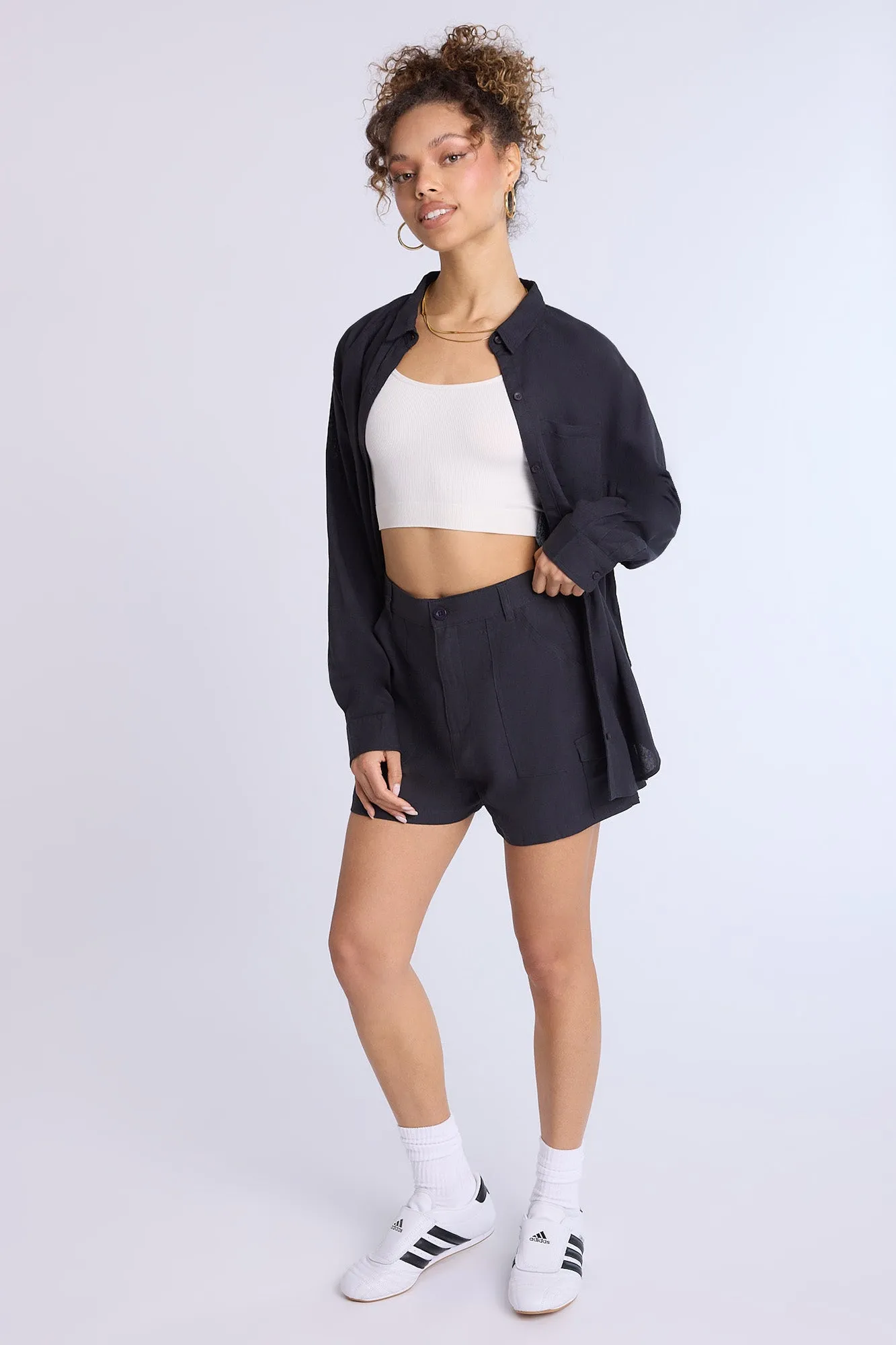 Linen-Blend Oversized Button-Up Shirt