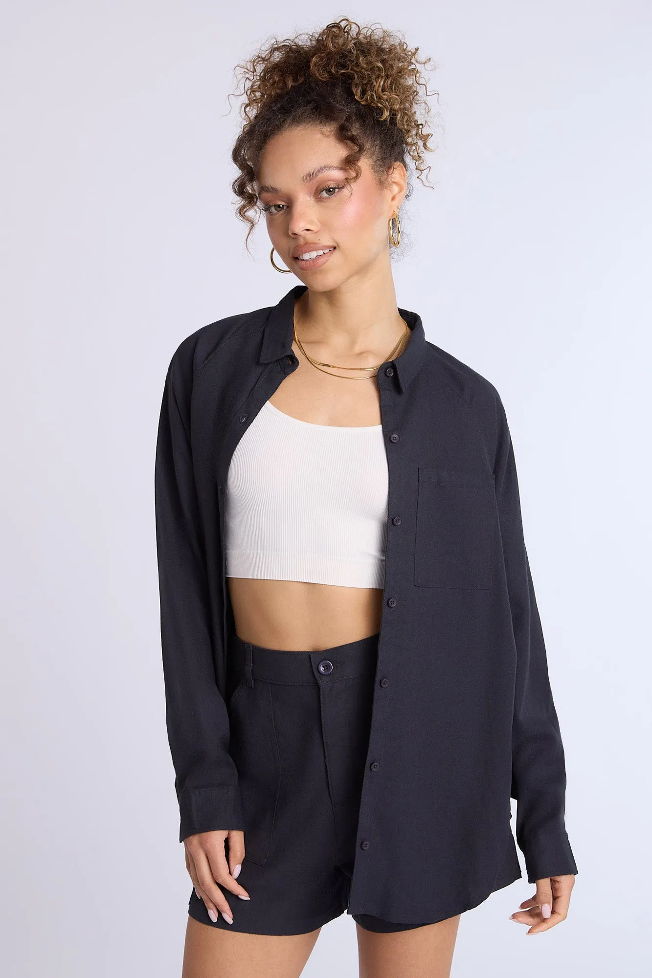 Linen-Blend Oversized Button-Up Shirt