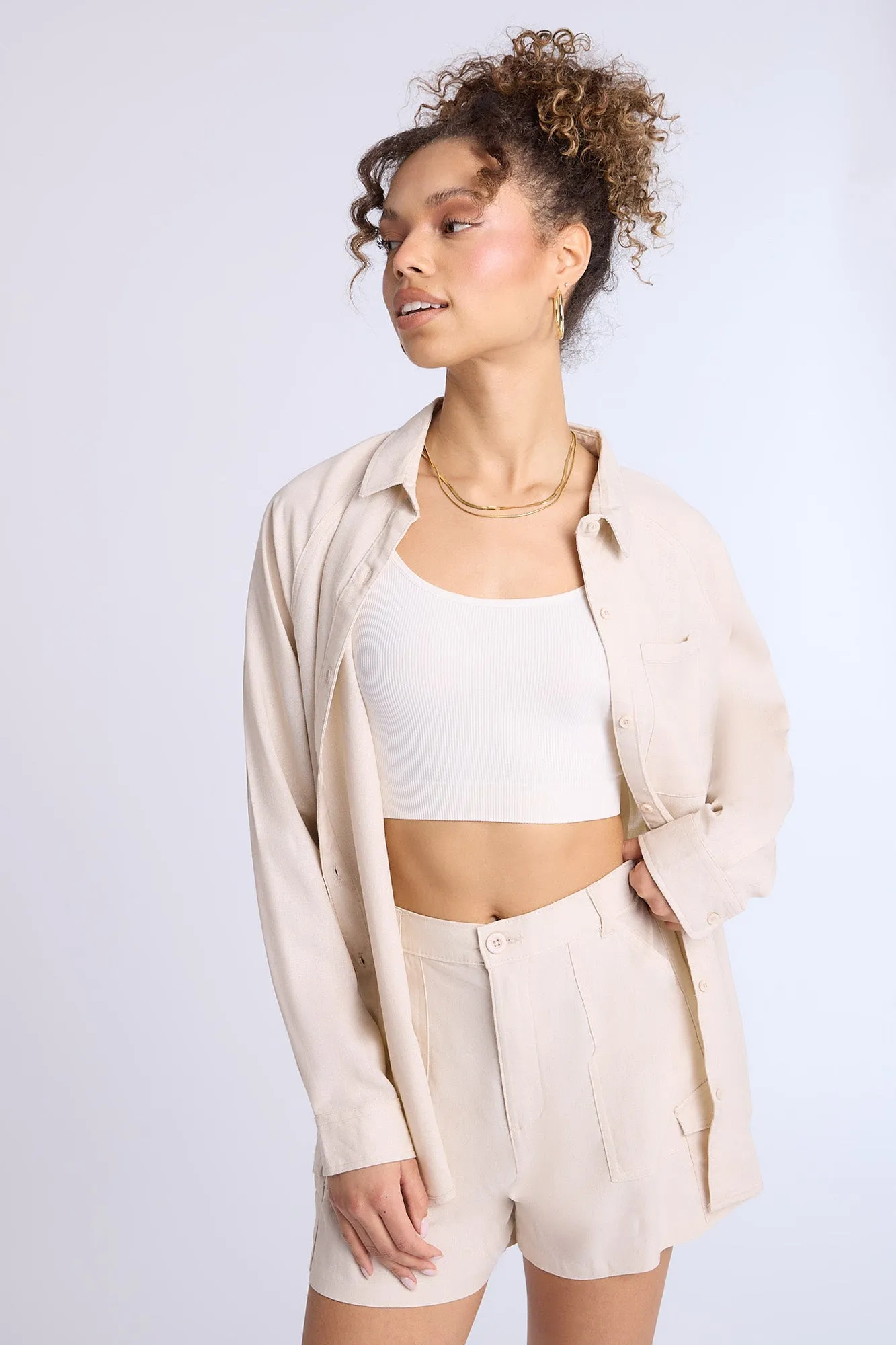 Linen-Blend Oversized Button-Up Shirt