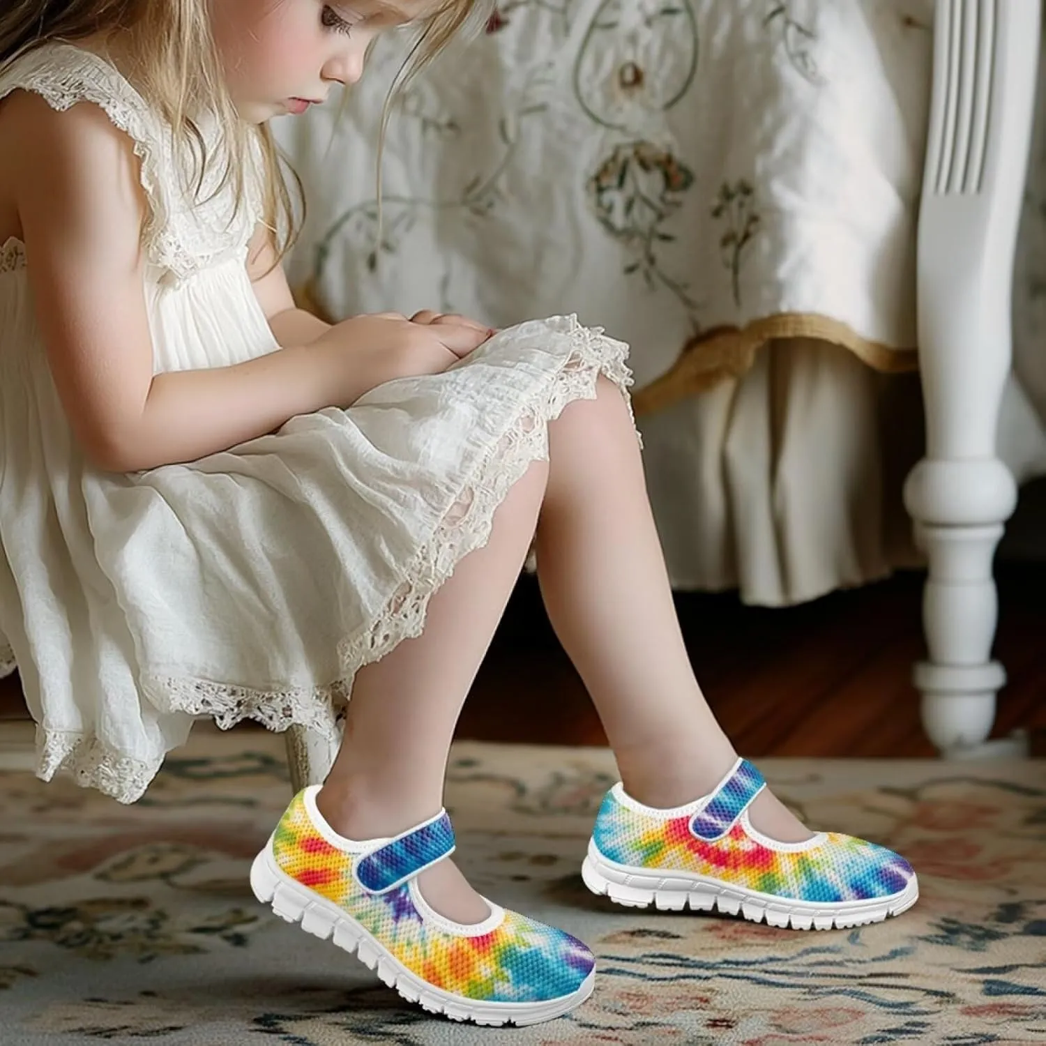 Little Girls Tie Dye Rainbow Mary Janes Shoes Ballet Flats Dress Shoe School Party Walking Shoes