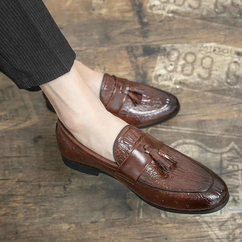 Loafers for Men Burnished Toe Crocodile Print with Tassel Vegan Leather Lightweight Anti-Slip Flat Heel Walking Slip-ons
