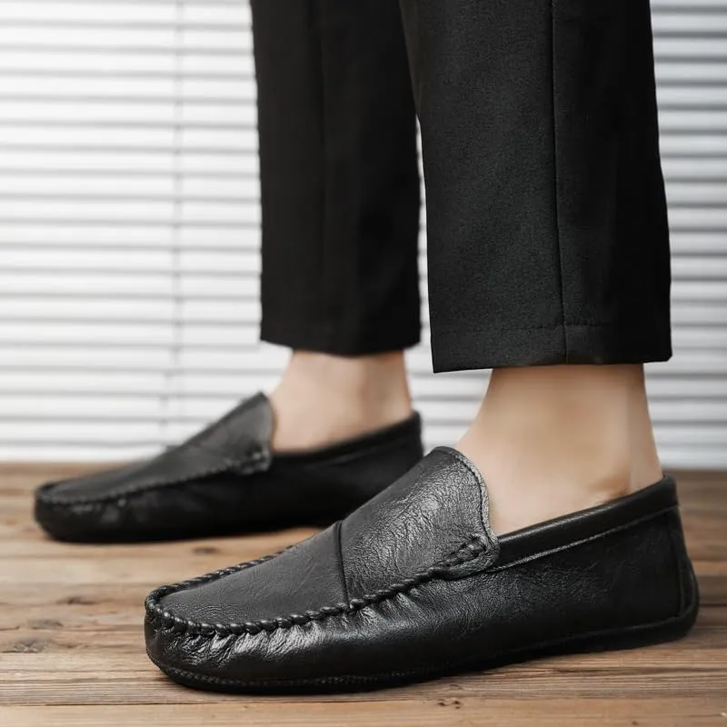 Loafers for Men Round Toe Vegan Leather Loafer Shoes Flexible Flat Heel Anti-Slip Casual Slip On