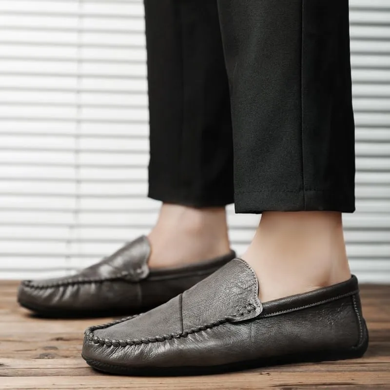 Loafers for Men Round Toe Vegan Leather Loafer Shoes Flexible Flat Heel Anti-Slip Casual Slip On