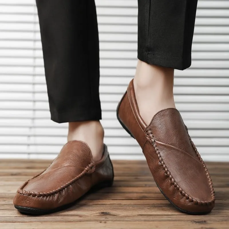 Loafers for Men Round Toe Vegan Leather Loafer Shoes Flexible Flat Heel Anti-Slip Casual Slip On