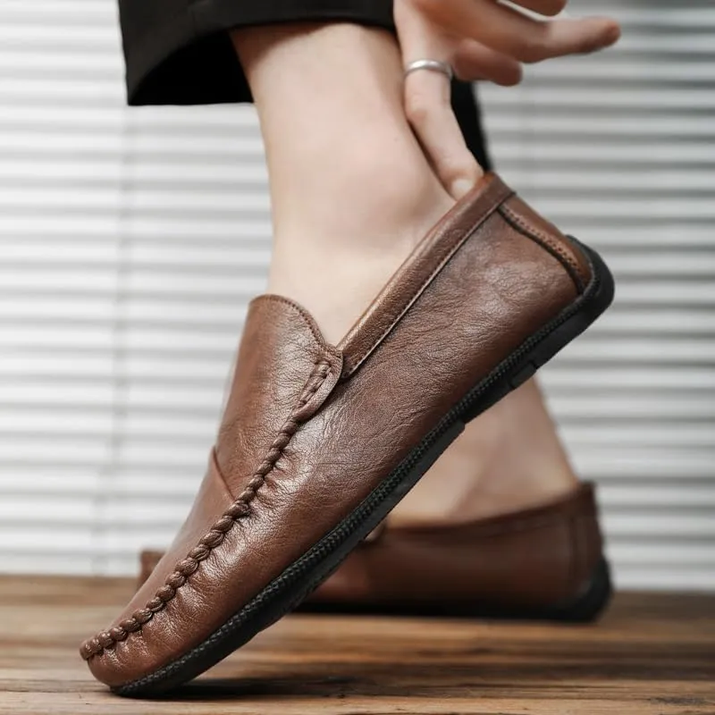 Loafers for Men Round Toe Vegan Leather Loafer Shoes Flexible Flat Heel Anti-Slip Casual Slip On