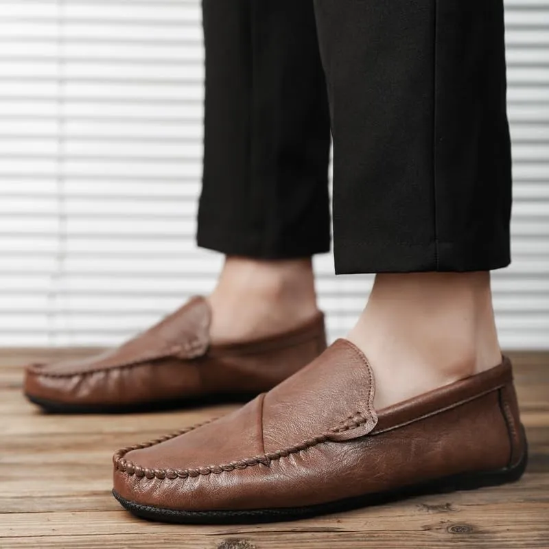 Loafers for Men Round Toe Vegan Leather Loafer Shoes Flexible Flat Heel Anti-Slip Casual Slip On