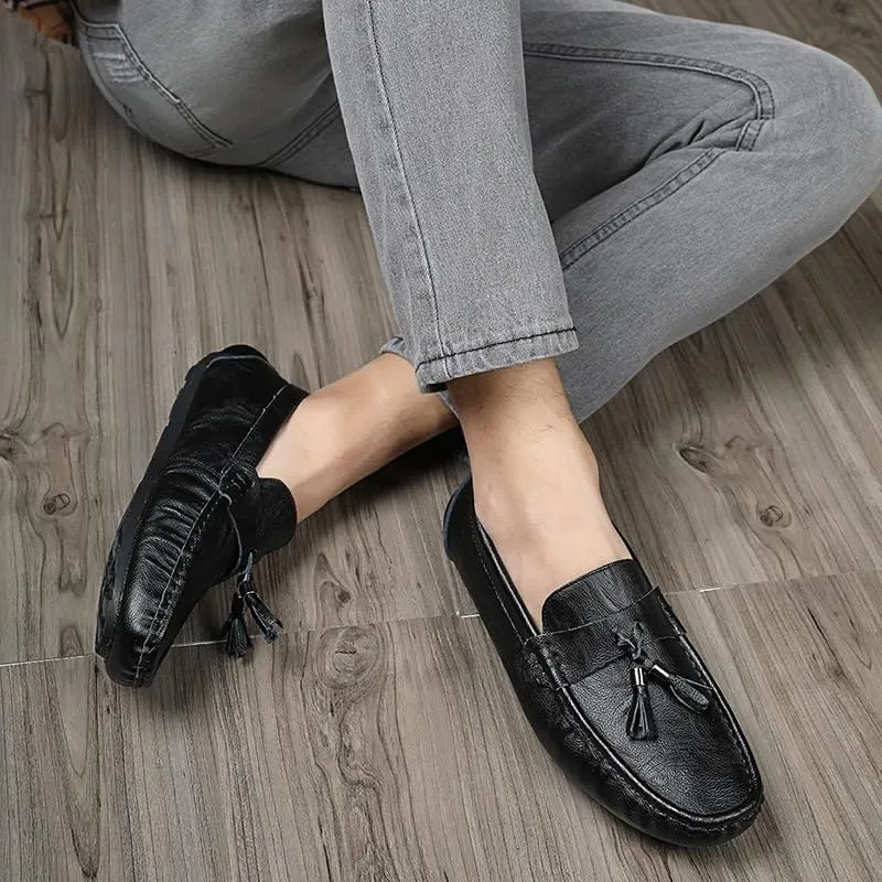 Loafers for Men Round Toe Vegan Leather with Tassel Driving Loafers Flat Heel Lightweight Anti-Slip Outdoor Classic Slip On