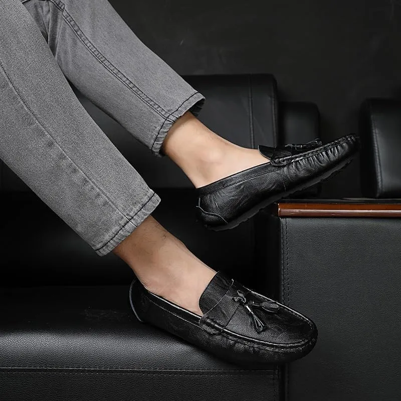 Loafers for Men Round Toe Vegan Leather with Tassel Driving Loafers Flat Heel Lightweight Anti-Slip Outdoor Classic Slip On